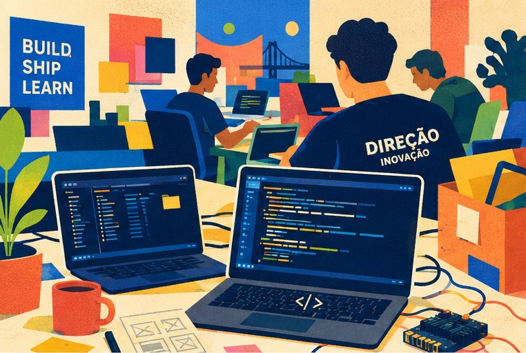 Colourful illustration: laptops, sticky notes and half-built projects filling the workspace.