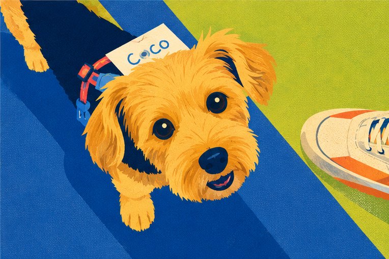 Colourful illustration of a small dog with a name tag that reads Coco.