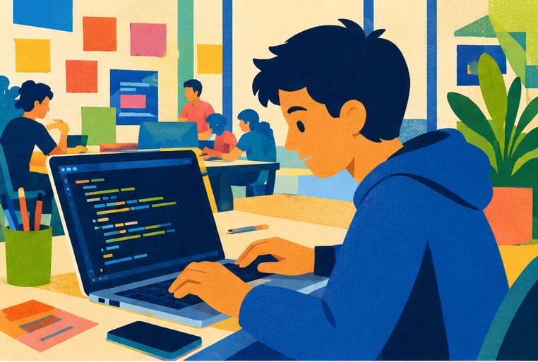 Colourful illustration: a young builder working on their laptop in a busy, friendly workspace.