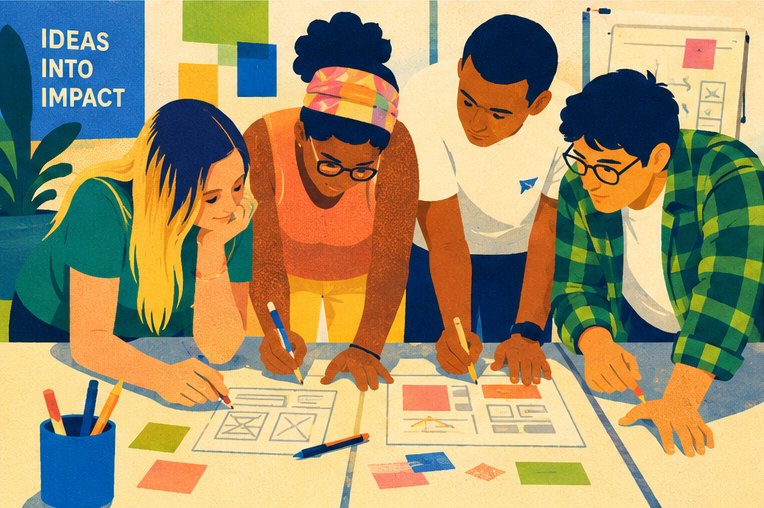 Colourful illustration: a team leaning over the table, sketching project ideas together on paper.